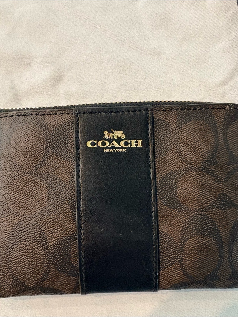 Coach Brown Signature Zip Wallet with Black Trim and Gold Logo